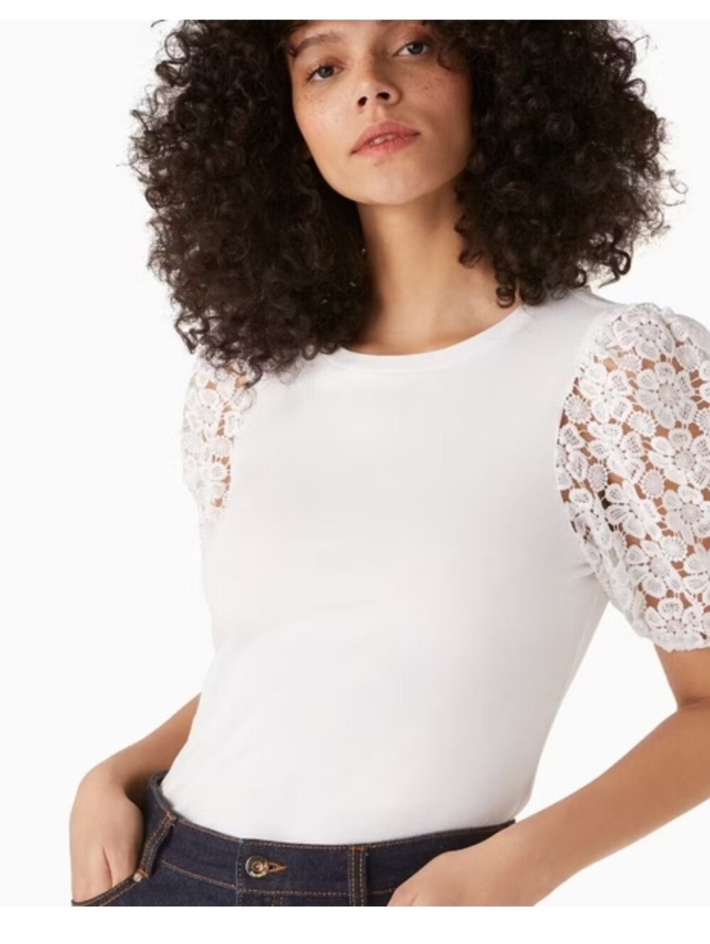 Kate Spade New York White Lace  Puff-Sleeve Tee Sz M